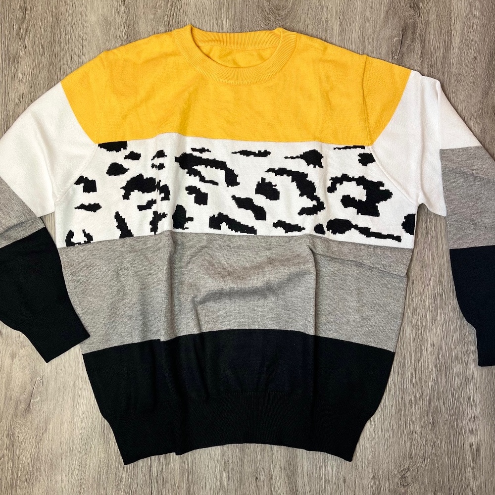 OnlyPuff Women Knitted Sweater Striped Long-Sleeve Leopard Pullover Top - Picture 7 of 10